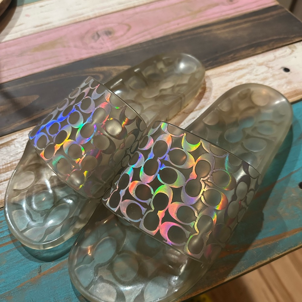 Coach Iridescent Signature Slide Sandals - Clear Holographic